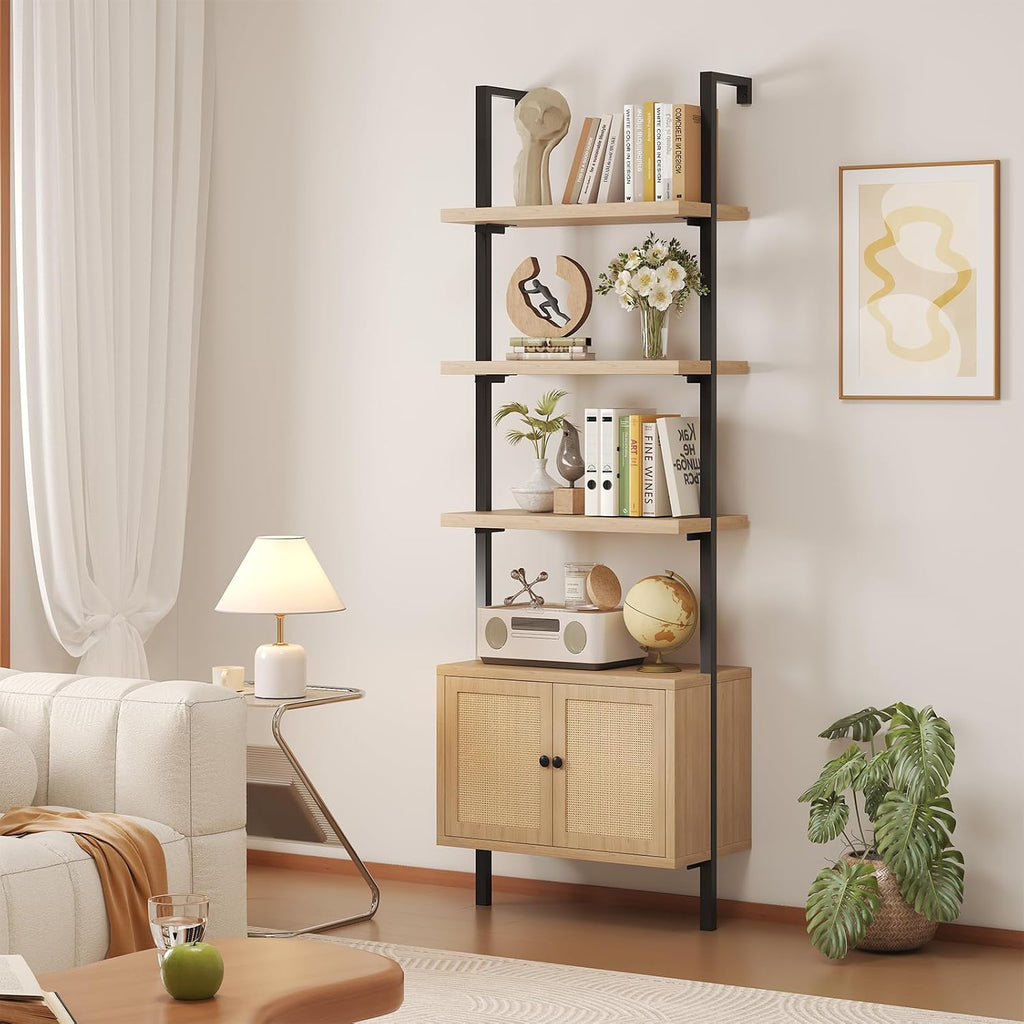 Airynee Ladder Bookshelf, 4 Tier Book Shelf with Rattan Cabinet, Wall Mount Bookshelves and Bookcases with Metal Frame, Anti Dump, Tall Bookcase for Living Room, Home Office, Bedroom Oak