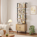 Airynee Ladder Bookshelf, 4 Tier Book Shelf with Rattan Cabinet, Wall Mount Bookshelves and Bookcases with Metal Frame, Anti Dump, Tall Bookcase for Living Room, Home Office, Bedroom Oak