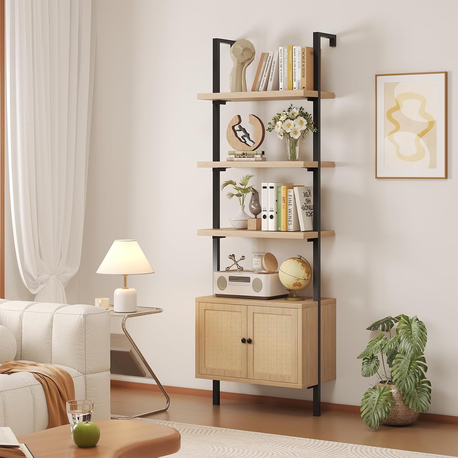 Airynee Ladder Bookshelf, 4 Tier Book Shelf with Rattan Cabinet, Wall Mount Bookshelves and Bookcases with Metal Frame, Anti Dump, Tall Bookcase for Living Room, Home Office, Bedroom Oak