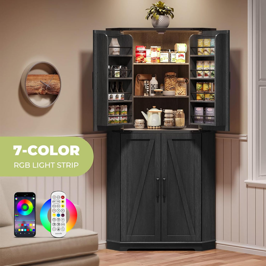 Dripex 71' Corner Cabinet Black, Farmhouse Kitchen Pantry Cabinet with Doors Storage & Adjustable Shelves, Tall Corner Storage Cabinet with LED Light, Food Pantry for Living Room, Dining Room