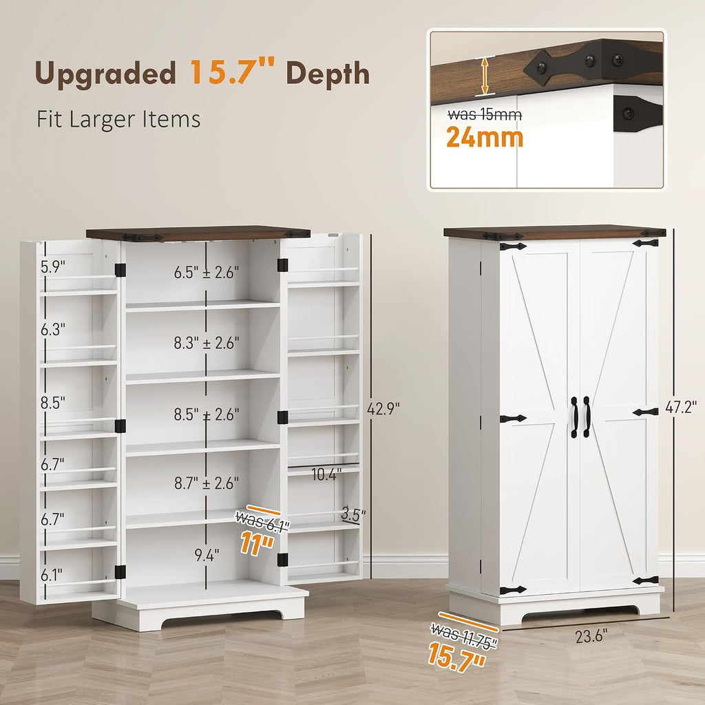 HOMCOM 47' LED Kitchen Pantry Cabinet, Farmhouse Storage Cabinet with 5 Deep Shelves and 12 Door Shelves, Freestanding Food Pantry with Barn Door, White