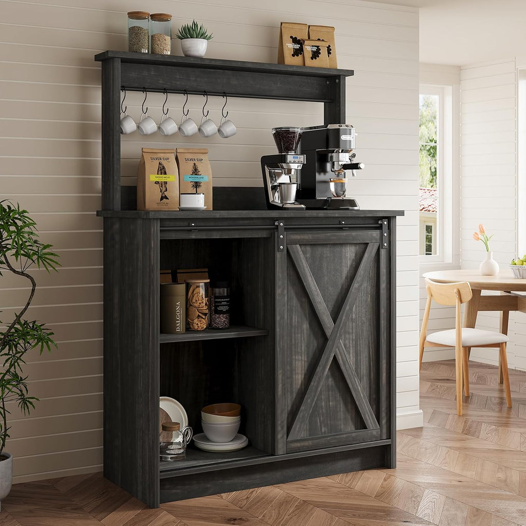 4ever2buy Farmhouse Coffee Bar Cabinet with Hutch, 31 Inch Coffee Bar Hutch with Sliding Barn Door & 6 Hooks for Living Dining Room, Dark Oak | Sliding Barn Door