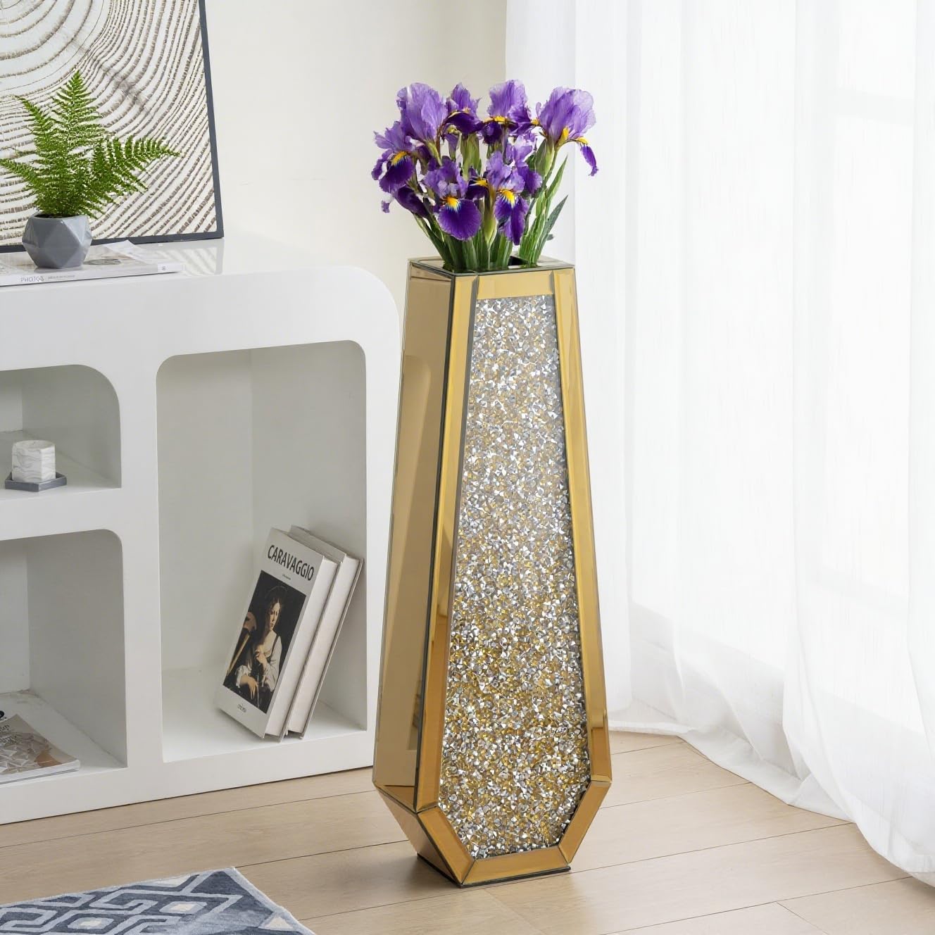 SHYFOY 30' Tall Floor Vase Gold Crushed Diamond Tall Vases for Decor Living Room Floor Large Crystal Glass Decorative Floor Vase for Living Room Office Home Decor