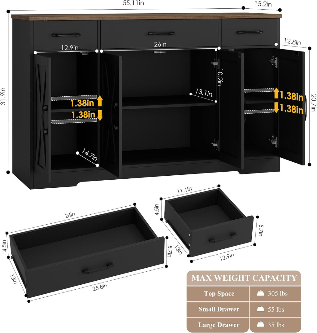 HOSTACK Buffet Sideboard Cabinet with Drawers, 55' Large Buffet Storage Cabinet with Shelves and Doors, Modern Farmhouse Coffee Bar Station for Kitchen, Dining Room, Black/Rustic Brown