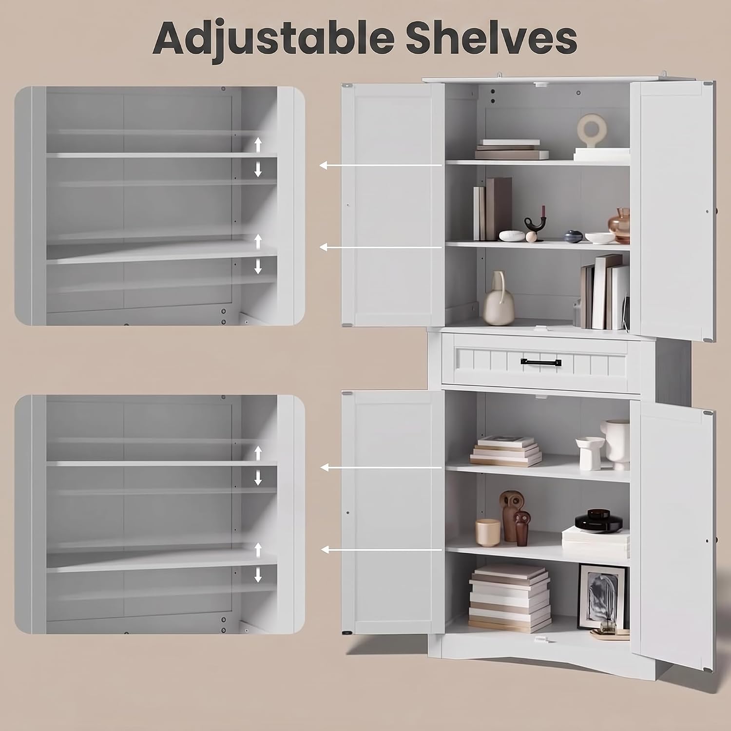 Gizoon 71'' Kitchen Pantry Storage Cabinet, Freestanding Pantry Organizers and Storage Cabinet with 4 Doors and 4 Adjustable Shelves, Tall Cabinet with Large Drawer for Kitchen, Living Room, Bathroom
