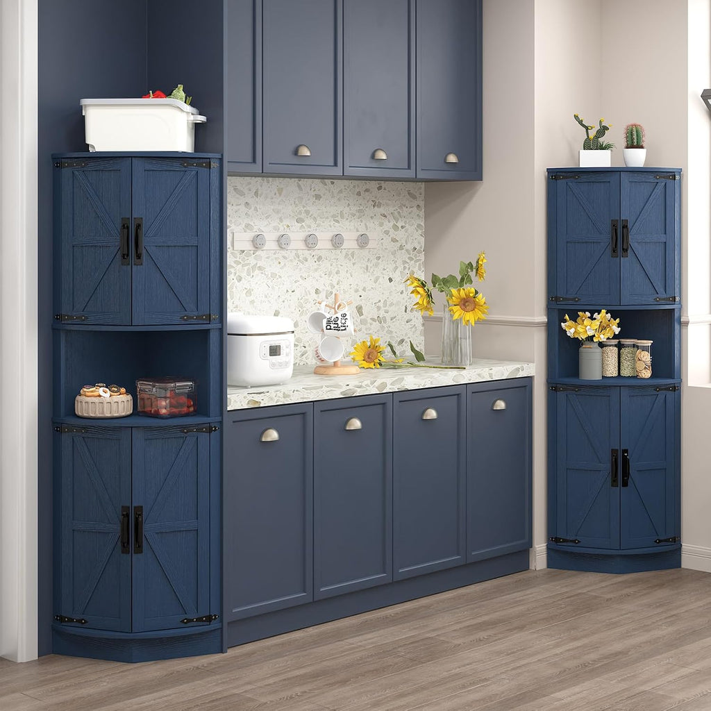 Vabches 64.8' Tall Farmhouse Corner Cabinet with 4 Doors and 5 Storage Shelves, Farmhouse Storage Cabinet with Barn Door Design, Home Space Saver for Living Room, Kitchen, Laundry Room,Blue