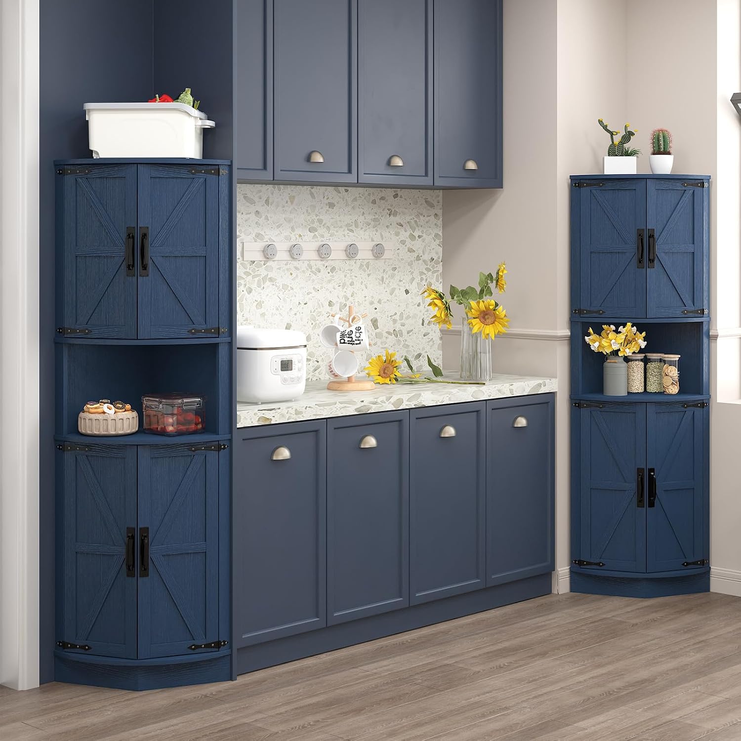 Vabches 64.8' Tall Farmhouse Corner Cabinet with 4 Doors and 5 Storage Shelves, Farmhouse Storage Cabinet with Barn Door Design, Home Space Saver for Living Room, Kitchen, Laundry Room,Blue