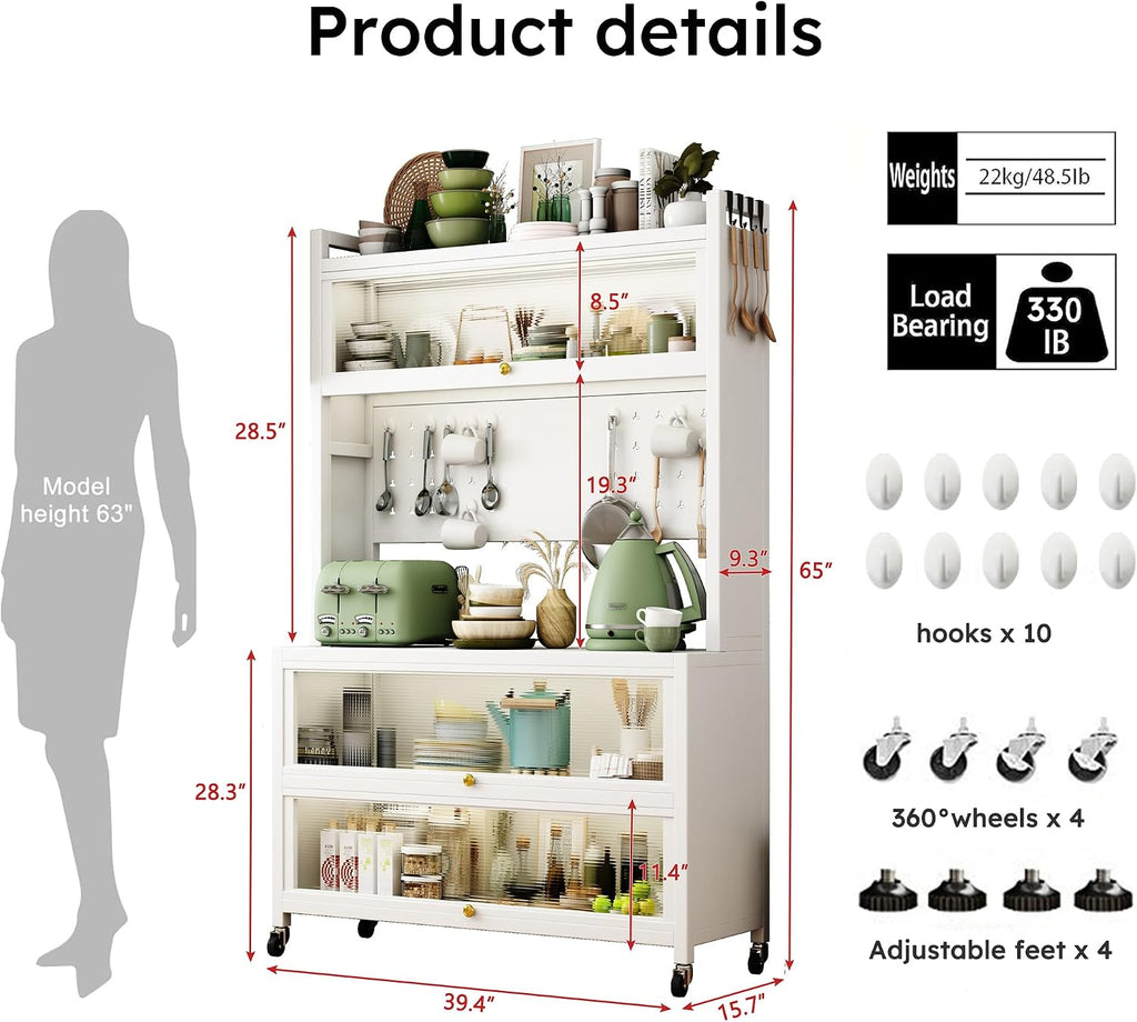65'' Tall Kitchen Bakers Rack with Flip Door Cabinet, 5 Tier Multifunctional Microwave Stand Buffet, Coffee Bar, Kitchen Pantry Storage Cabinet Shelf, Quick Assembly, White