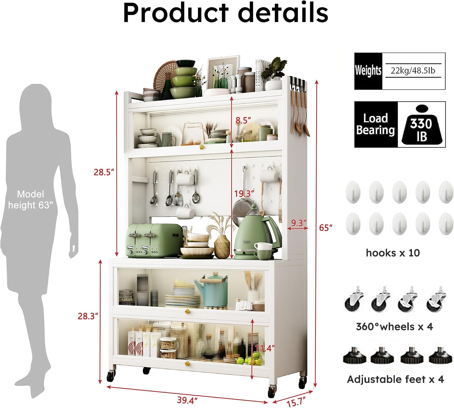 65'' Tall Kitchen Bakers Rack with Flip Door Cabinet, 5 Tier Multifunctional Microwave Stand Buffet, Coffee Bar, Kitchen Pantry Storage Cabinet Shelf, Quick Assembly, White