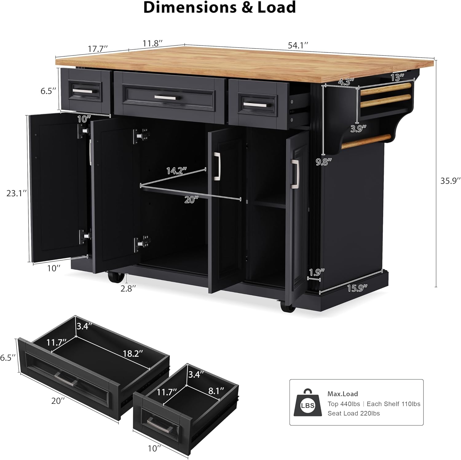 54' Rolling Storage Kitchen Island Cart on 4 Wheels with Drop Leaf, Embossed Texture, 4 Doors and 3 Drawers for Kitchen, Dining Room, Black, Rubber Wood Top