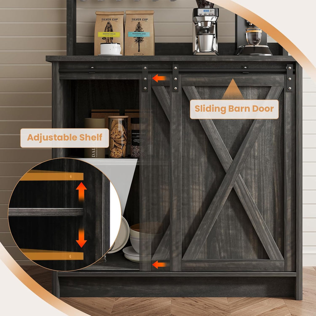 4ever2buy Farmhouse Coffee Bar Cabinet with Hutch, 31 Inch Coffee Bar Hutch with Sliding Barn Door & 6 Hooks for Living Dining Room, Dark Oak | Sliding Barn Door