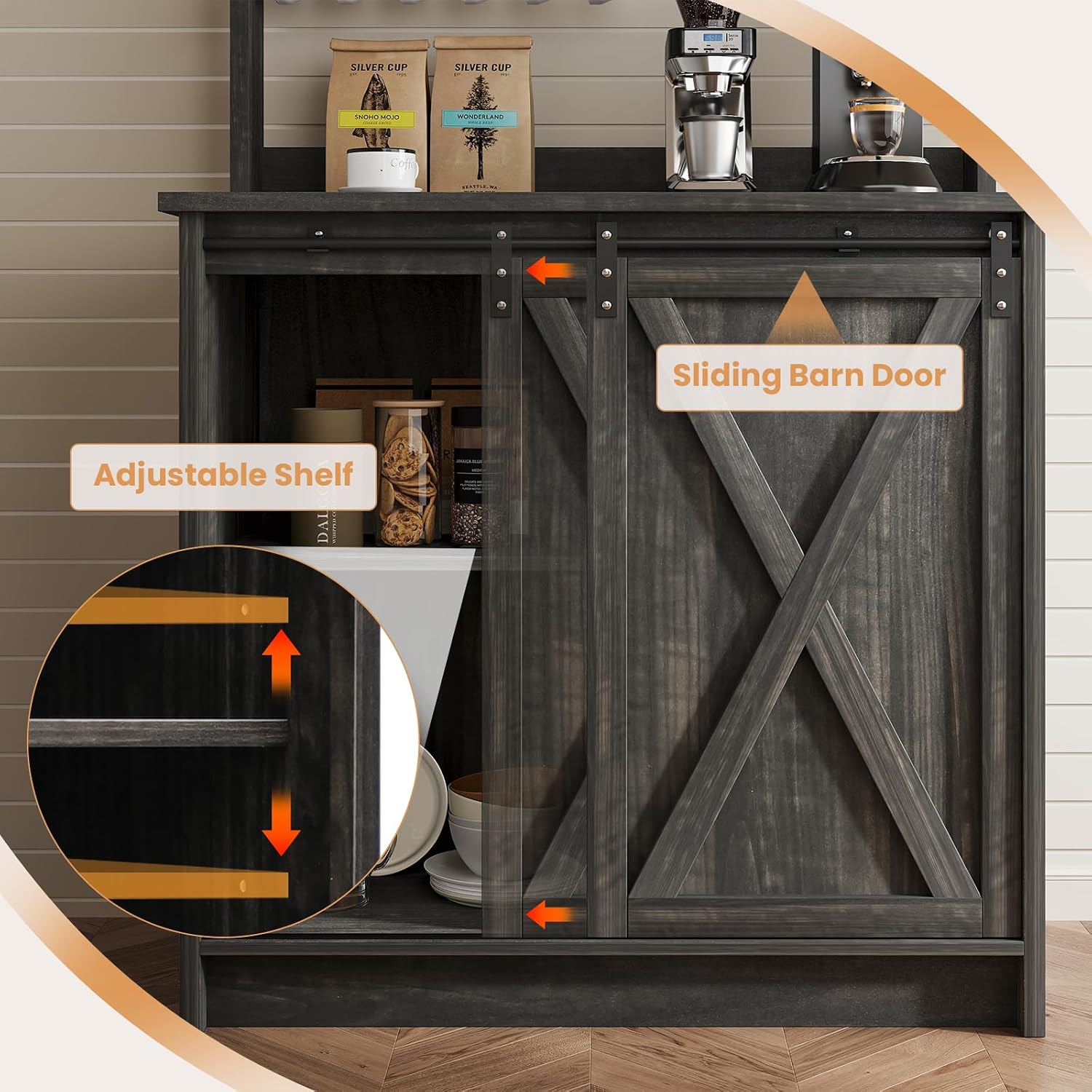 4ever2buy Farmhouse Coffee Bar Cabinet with Hutch, 31 Inch Coffee Bar Hutch with Sliding Barn Door & 6 Hooks for Living Dining Room, Dark Oak | Sliding Barn Door
