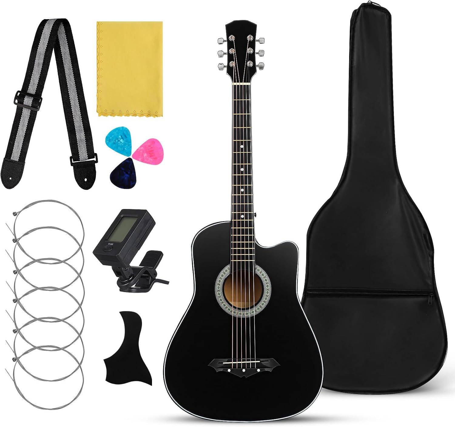 LIOOBO Beginner Acoustic Guitar: 38 Inch Basswood Guitar Basic Starter Kit with Gig Bag, Picks, and Protective Plate - Musical Instrument Present