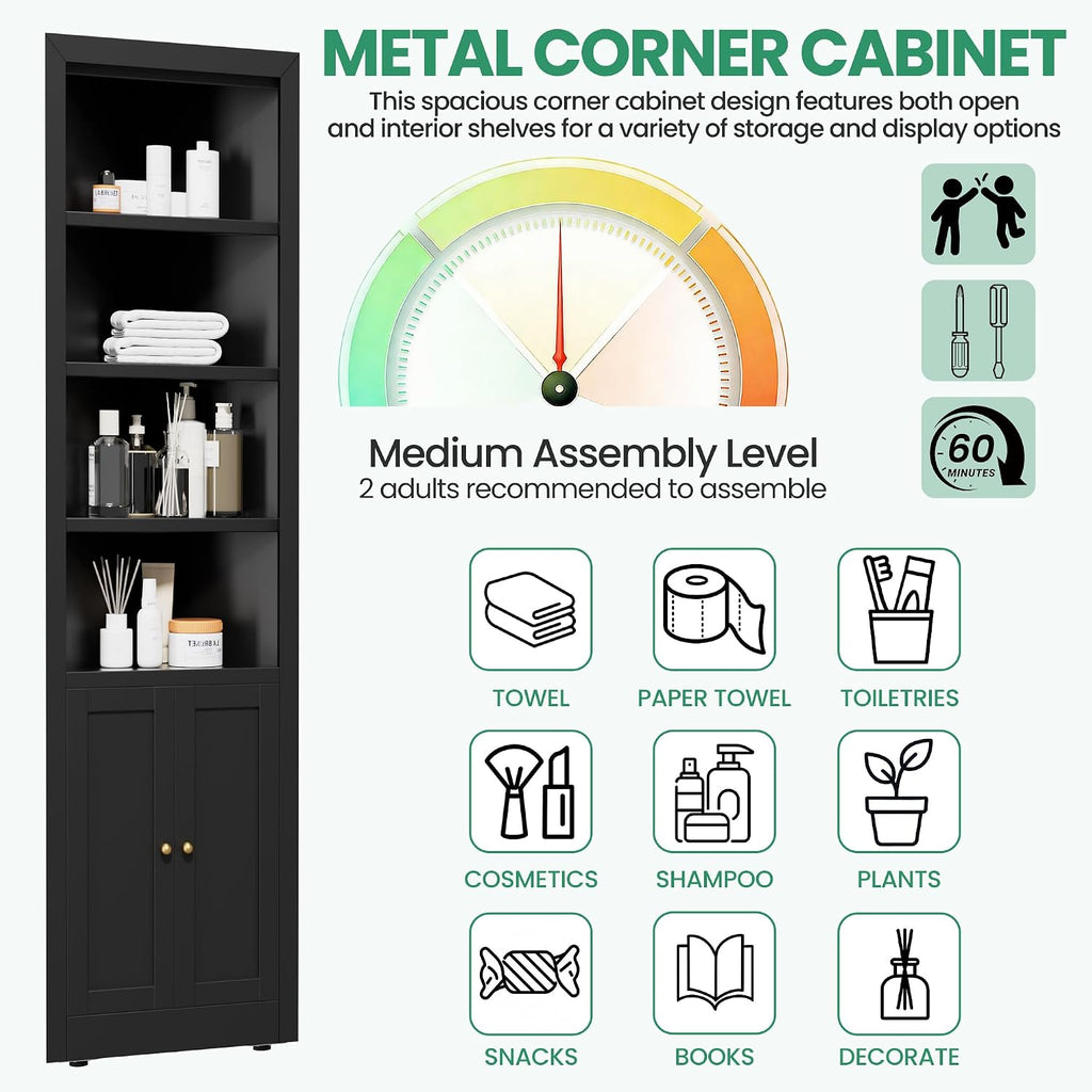 Tall Corner Cabinet,71' Waterproof Metal Corner Cabinet for Bathroom, Corner Storage Cabinet with 4 Adjustable Shelves & Quiet Close Door,Home Space Saver for Kitchen,Living Room,Pantry
