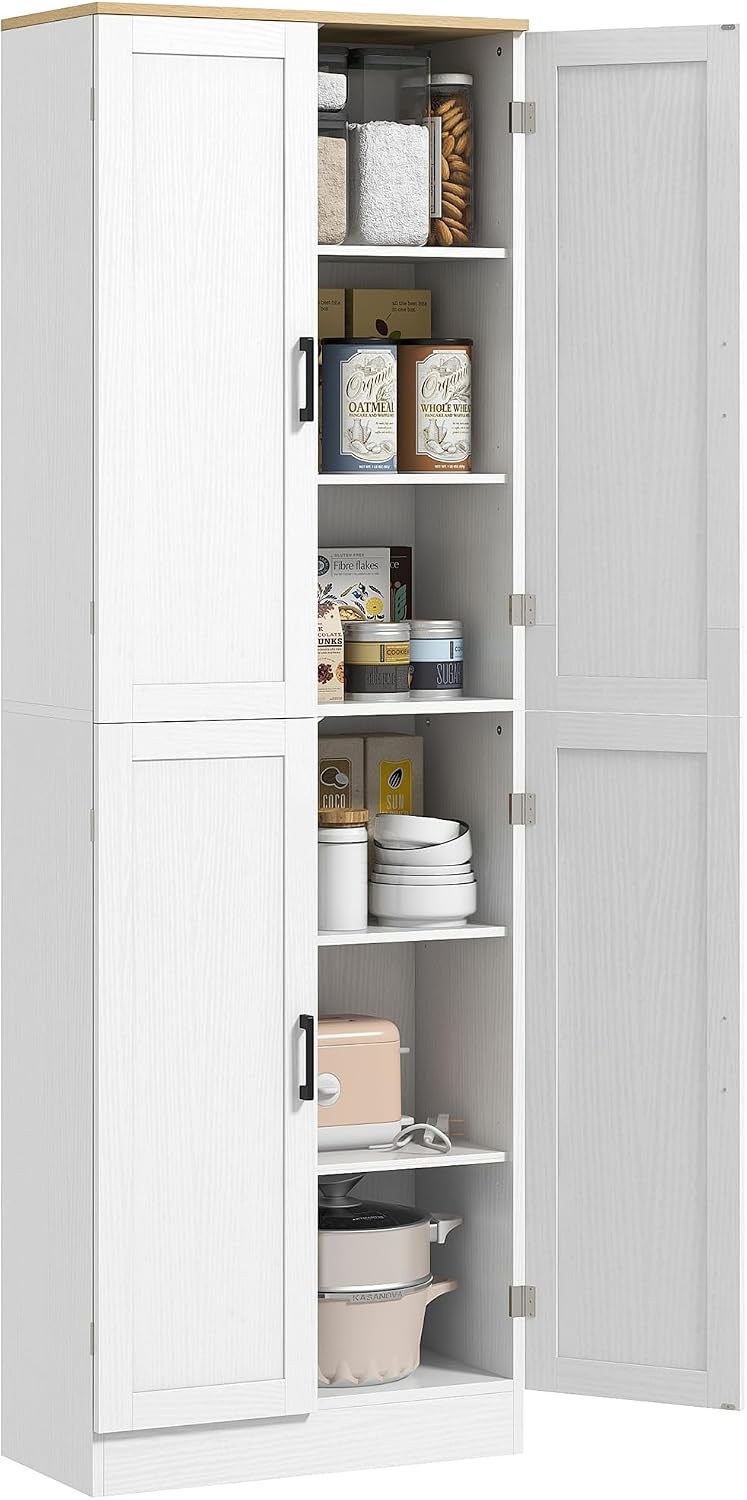 HOMCOM 67' Freestanding Kitchen Pantry, 4-Door Storage Cabinet Organizer with Adjustable Shelves, Kitchen Cabinet with Doors and Shelves, Distressed White