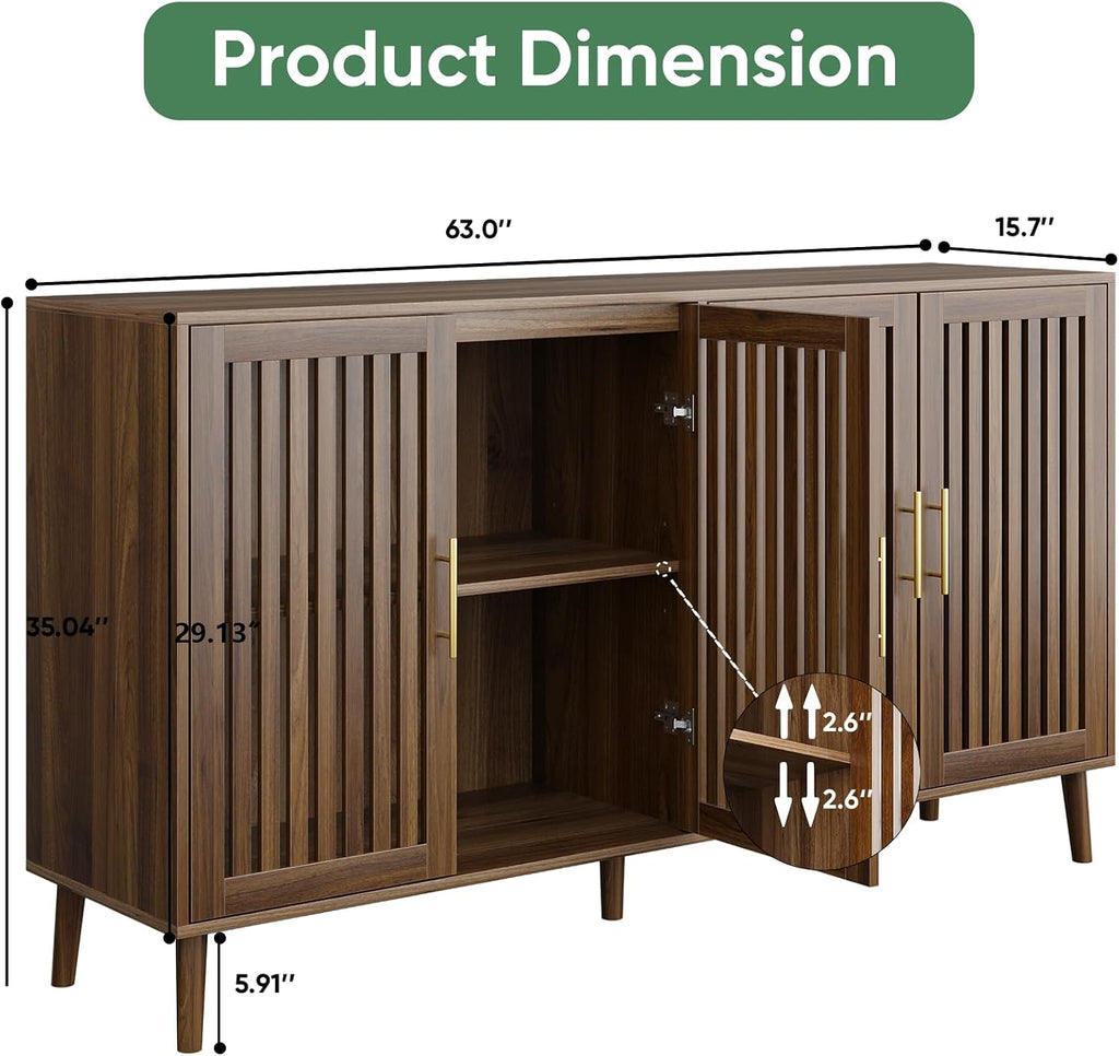 Buffet Cabinet with Storage, 63' Walnut Sideboard with Grille Doors&Adjustable Shelf, Wood Coffee Bar Storage Cabinet for Kitchen Living Room Entryway
