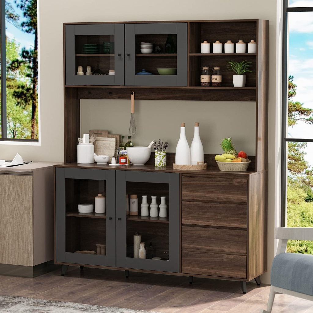 AIEGLE 63' W Large Kitchen Hutch Cabinet, Pantry Cabinets with Hutch, Freestanding Cupboard with 4 Doors, 4 Drawers & Microwave Shelf, Kitchen Storage Buffet, Dark Walnut (63' W x 15.7' D x 74.8' H)