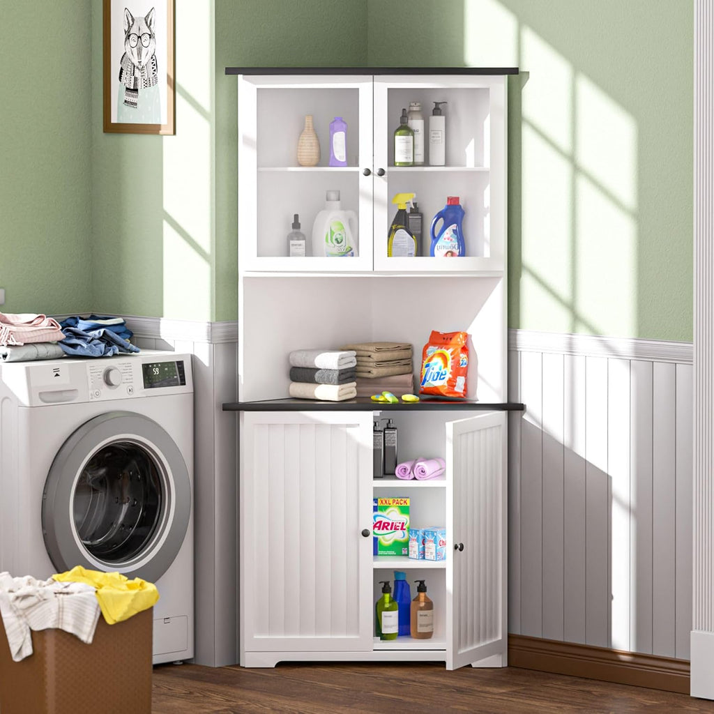 MUPATER Tall Corner Cabinet with Doors and Shelves, 71'' Free Standing Corner Kitchen Hutch, Cabinet Storage for Living Room, Bathroom, Kitchen with Countertop, White