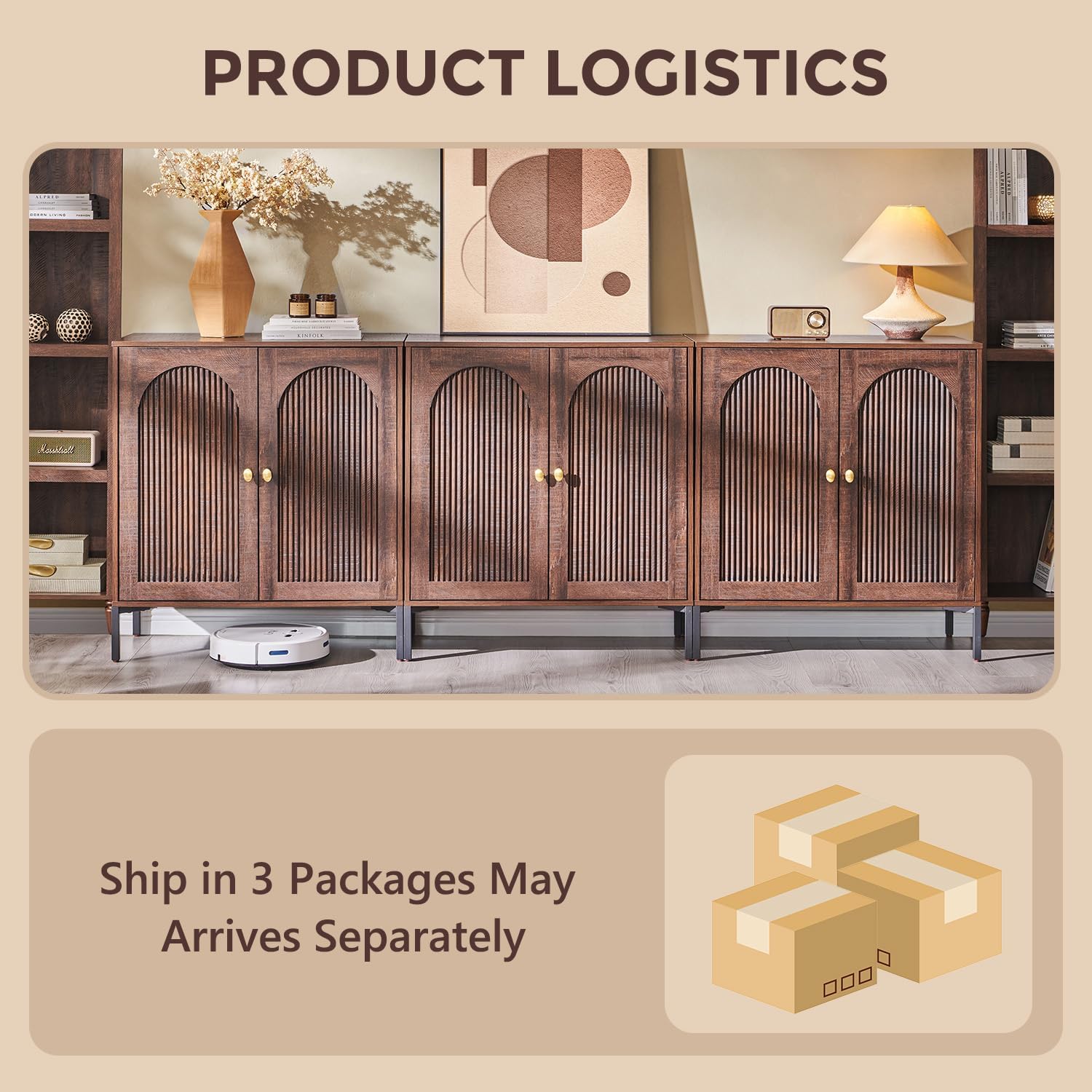 IFGET Modern Buffet Cabinet with Storage, 92.63' W Fluted Arched Sideboard Cabinet w/Adjustable Shelves, Wooden Modular Coffee Bar for Dining Room, Kitchen, Living Room, Entryway, Brown