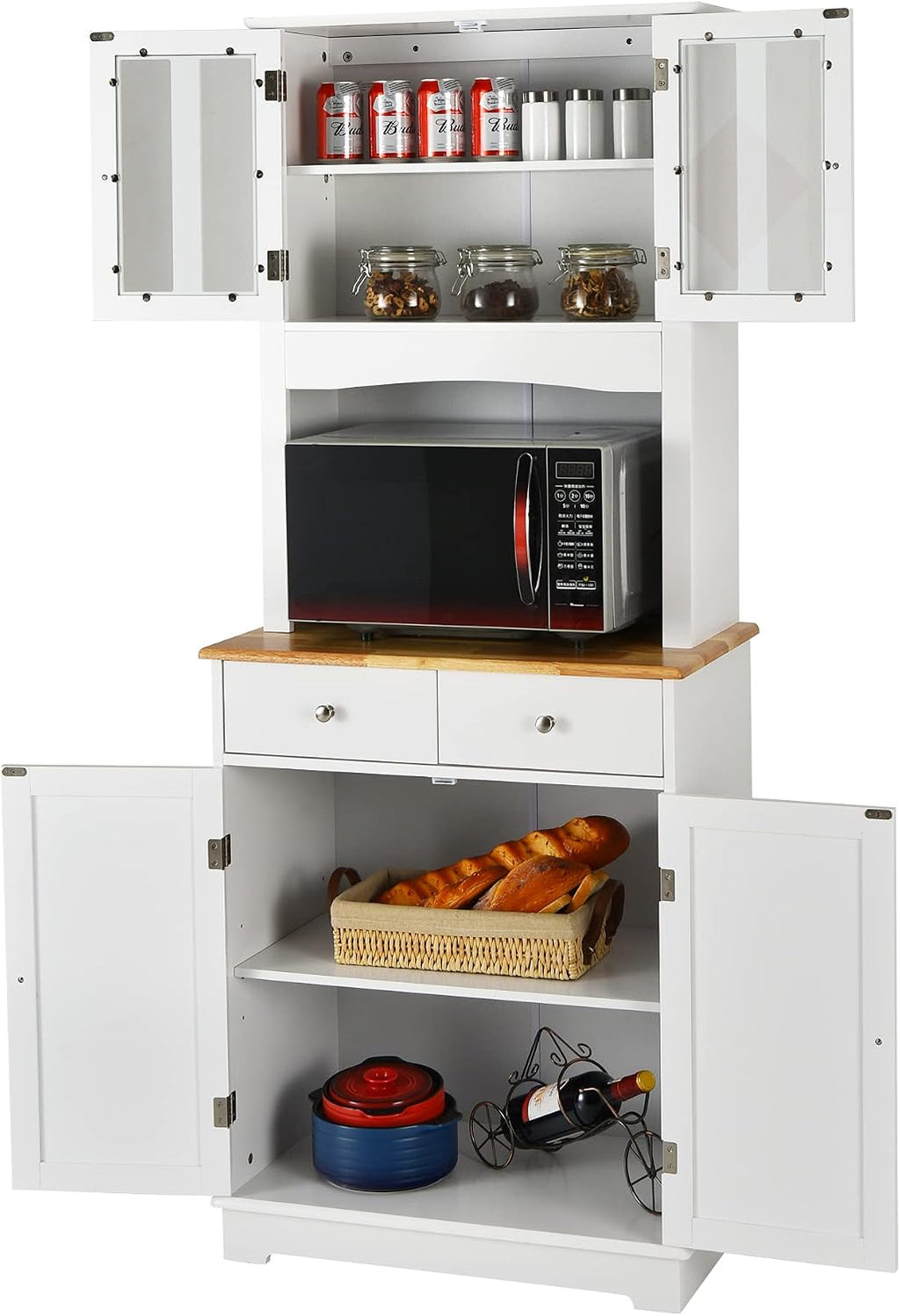 LOKO Kitchen Hutch Cabinet, Kitchen Cabinet with Framed Tempered Glass Doors, Flat Countertop and 2 Drawers, Kitchen Pantry Storage Cabinet with Adjustable Shelves, 27 x 16 x 67 inches (White)