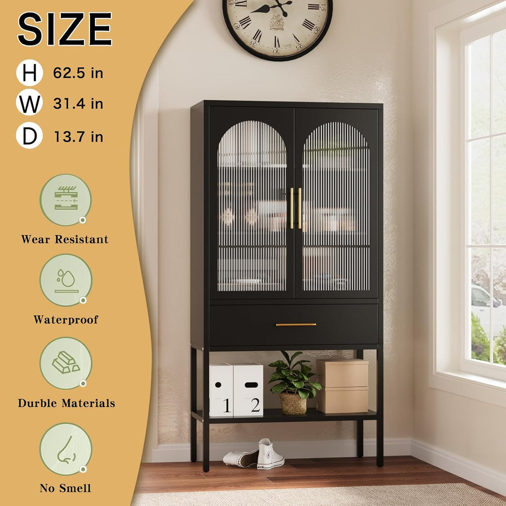ALBAD 63 Inch Tall Metal Pantry/Display/Storage Cabinet with Fluted Glass Doors and Drawer & Adjustable Shelf for Modern Home Office Living Room Kitchen Black