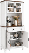 IDEALHOUSE Farmhouse Coffee Bar Cabinet with 2 Glass Doors, 72'' Black Bar Cabinet with 1 Drawer, Tall Wine Bar with Metal Handle, Coffee Bar Hutch with Storage for Living Room (Light White)