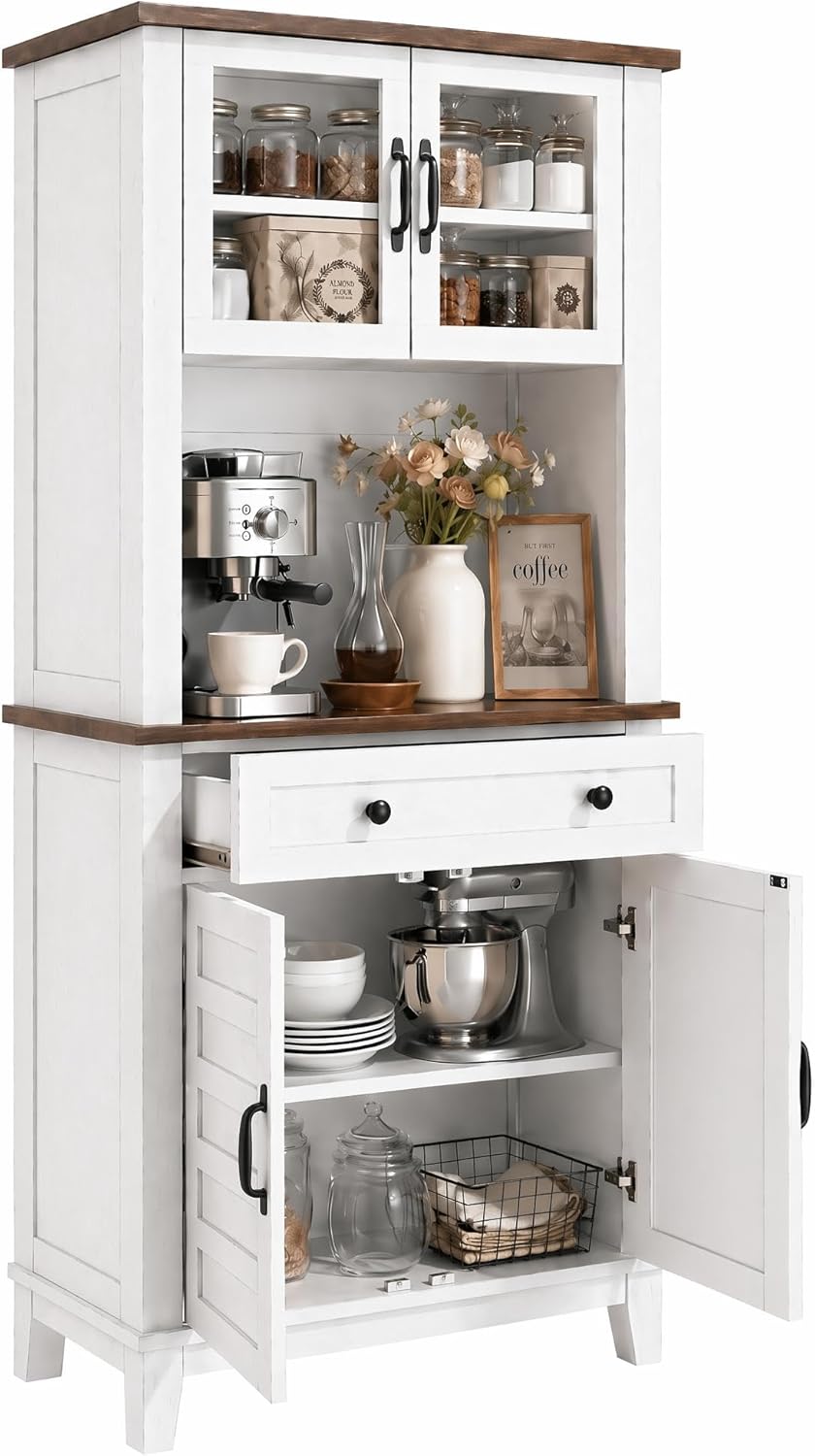 IDEALHOUSE Farmhouse Coffee Bar Cabinet with 2 Glass Doors, 72'' Black Bar Cabinet with 1 Drawer, Tall Wine Bar with Metal Handle, Coffee Bar Hutch with Storage for Living Room (Light White)