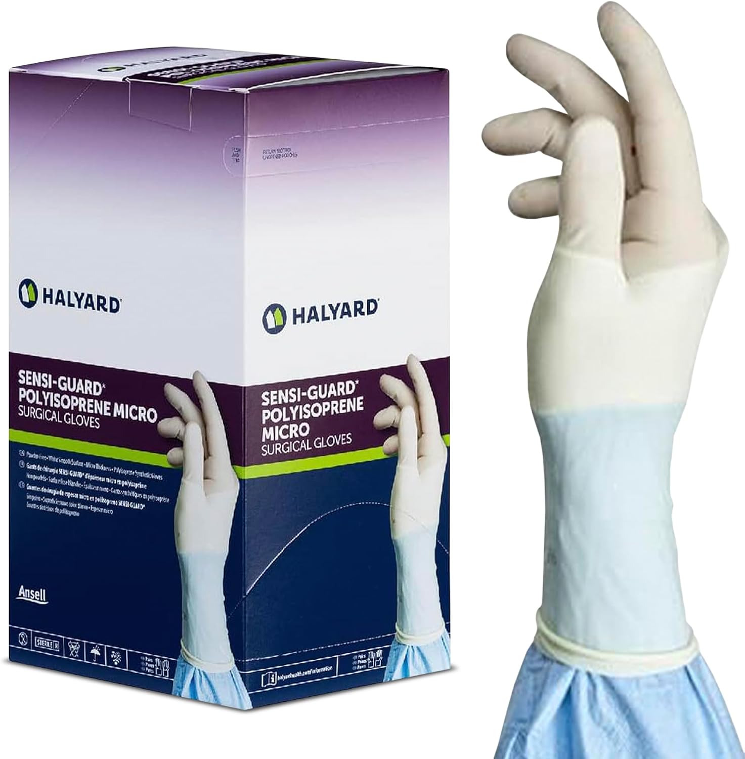 HALYARD SENSI-GUARD Micro Surgical Gloves Polyisoprene Sterile Individually Wrapped Pairs Powder Free Medical Disposable Gloves, 7.8 mil, Size 6 Small, White, SGL91060 (Box of 50 Pairs - 100 Total)
