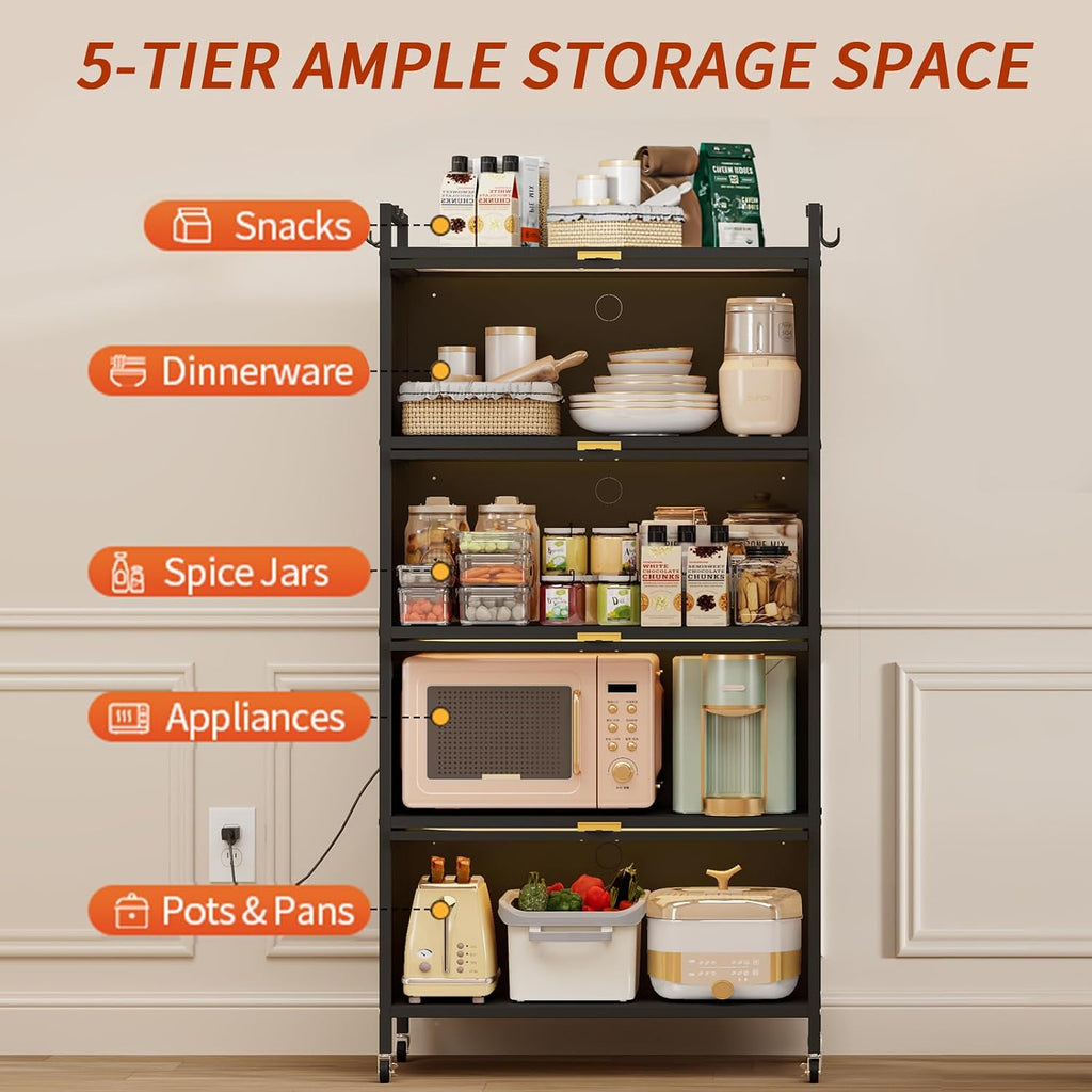 Dyoung Metal Kitchen Storage Cabinet with Flip-up Doors, Freestanding Pantry Cabinet with 4 Rolling Wheels, 5-Tier Mobile Microwave Stand with Storage Rack for Kitchen Dining Living Room (Black)