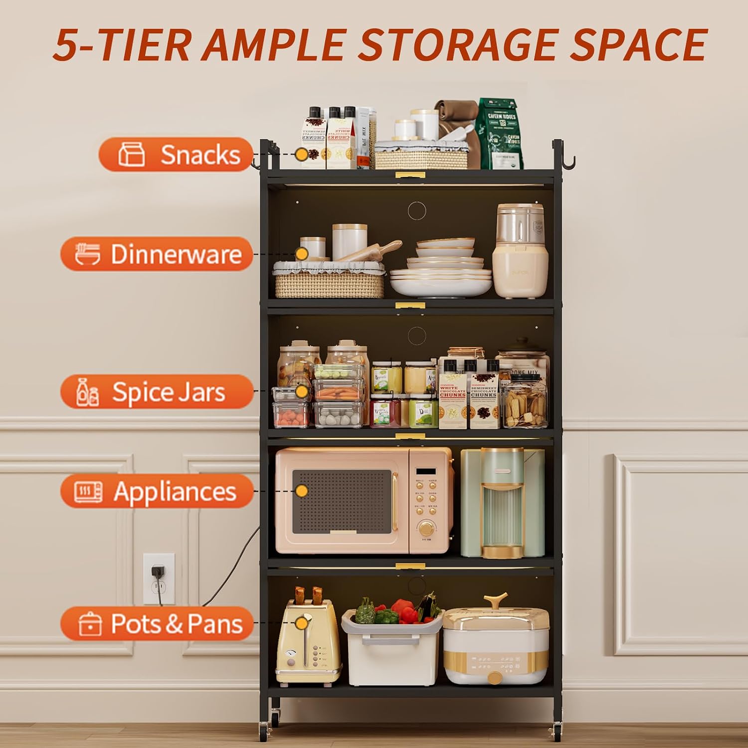 Dyoung Metal Kitchen Storage Cabinet with Flip-up Doors, Freestanding Pantry Cabinet with 4 Rolling Wheels, 5-Tier Mobile Microwave Stand with Storage Rack for Kitchen Dining Living Room (Black)