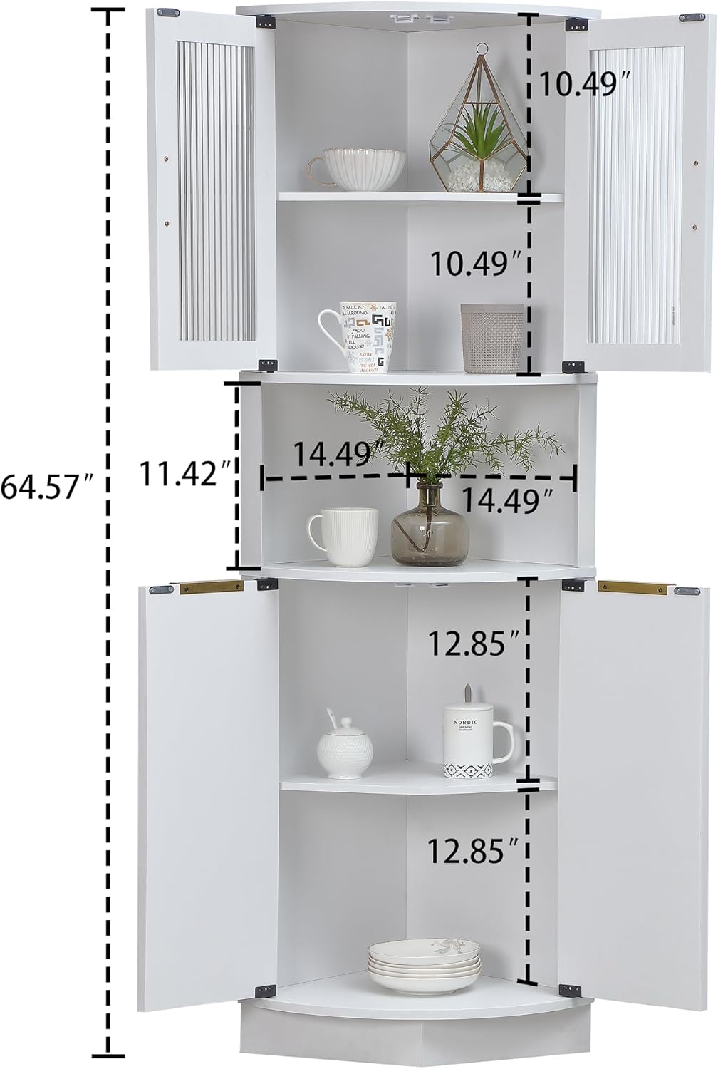 FOREST GRAVITY 64.57'' Tall Corner Cabinet with Shelves for Great Storage and Showcase,Storage Cabinet Double as Corner Liquor Cabinet with Pentagon Design for Livinng Room,Kitchen and Bathroom,White