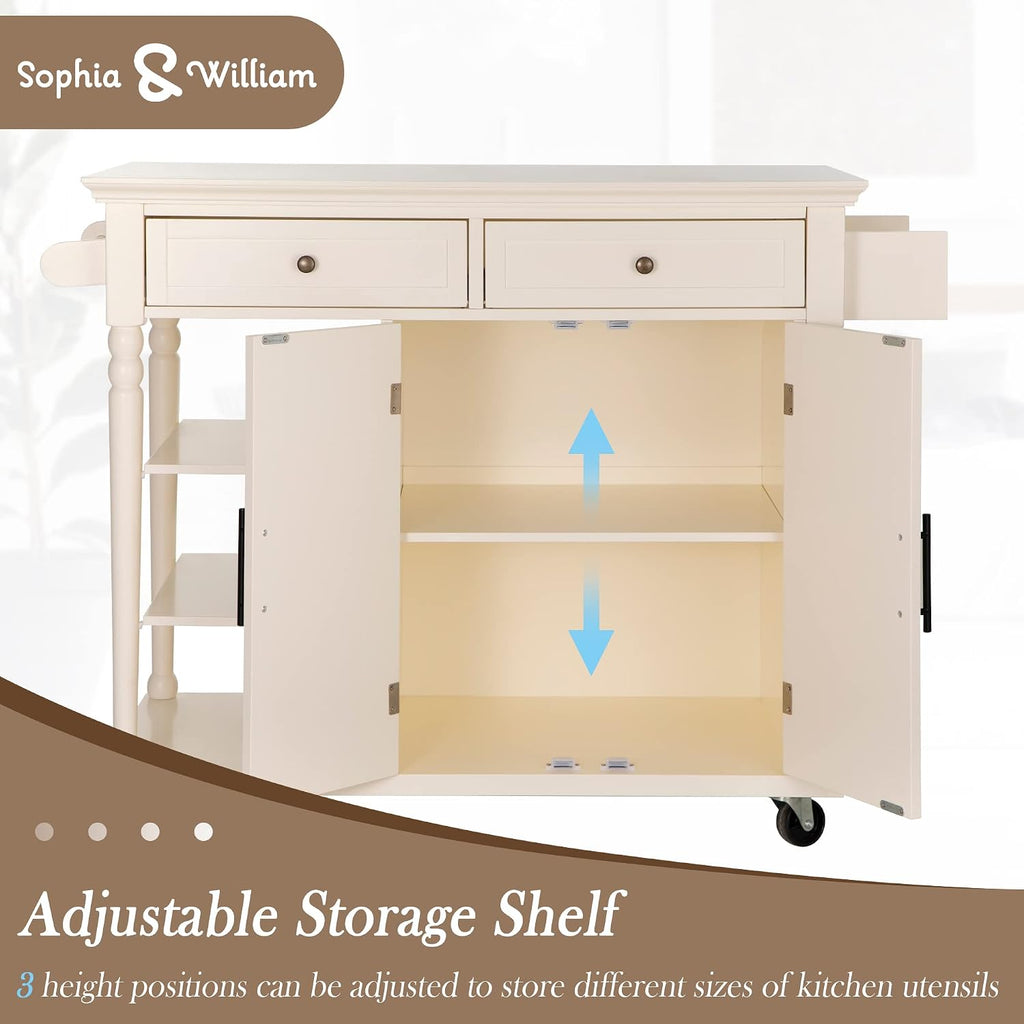 Sophia & William Kitchen Island Cart with Storage on Wheels, Rolling Kitchen Trolley with 2 Doors, 2 Drawers, 3 Open Shelves, Towel and Spice Rack, Ivory