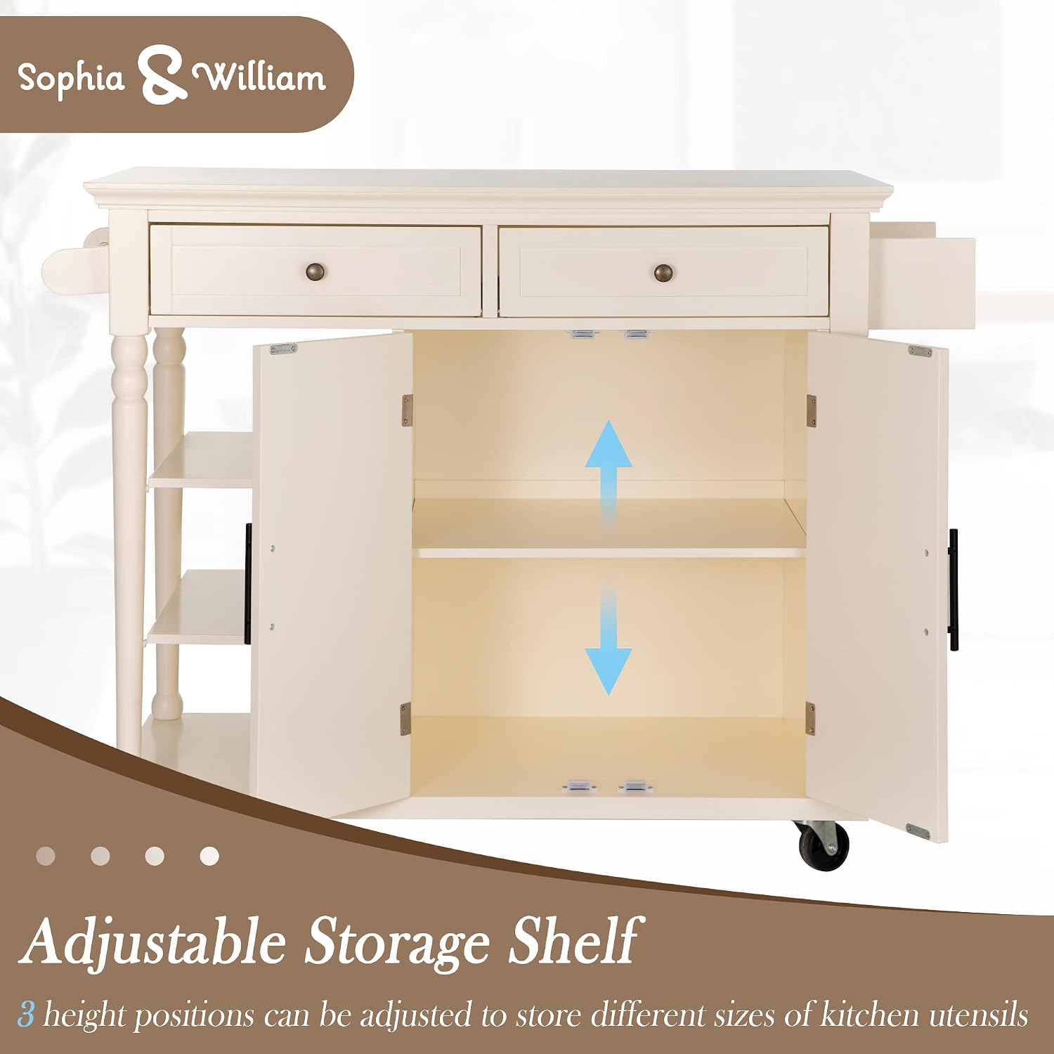 Sophia & William Kitchen Island Cart with Storage on Wheels, Rolling Kitchen Trolley with 2 Doors, 2 Drawers, 3 Open Shelves, Towel and Spice Rack, Ivory