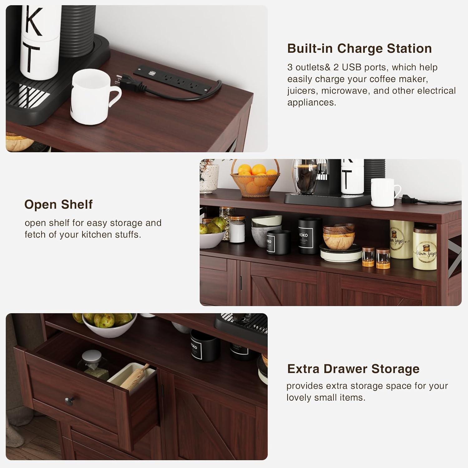 47' Dark Brown Farmhouse Storage Cabinet with Barn Doors and Drawers, Sideboard Buffet Cabinet with Storage, Kitchen Pantry Hutch, Coffee Bar Station Table for Kitchen, Living, Dining Room
