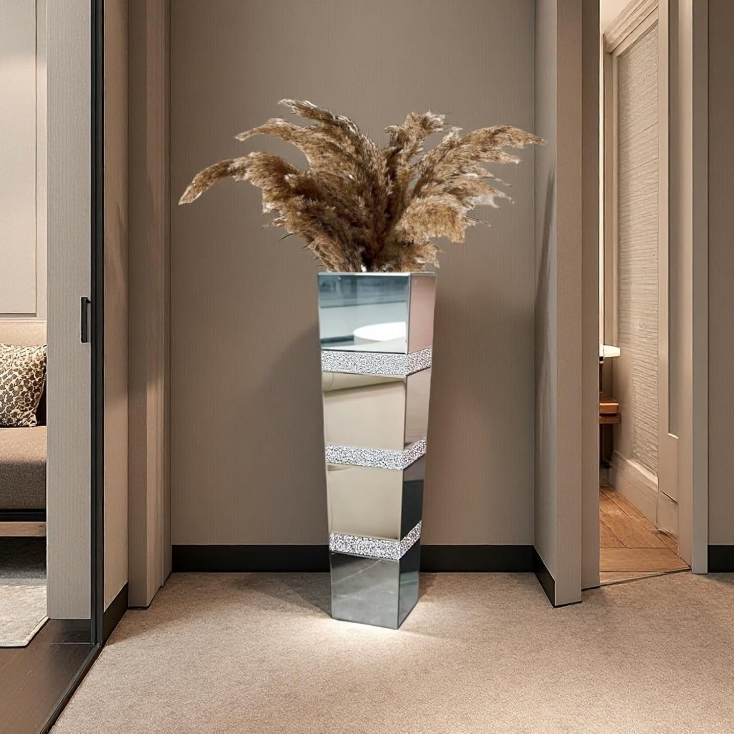 30' Large Crushed Diamond Floor Vases,Tall Mirrored Silver Crystal Vase, Floor Vases Decorative Tall for Home,Office,Hotel (8' L x 8' W x 30' H)