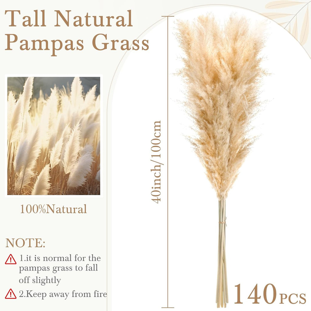Tigeen 140 Stems Natural Dried Pampas Grass Decor, Large Pampas Grass for Tall Floor Vase, Natural Beige Pompas, Dried Flower Bouquet for Wedding, Party, Farmhouse, Boho Home Decor, 40 Inch