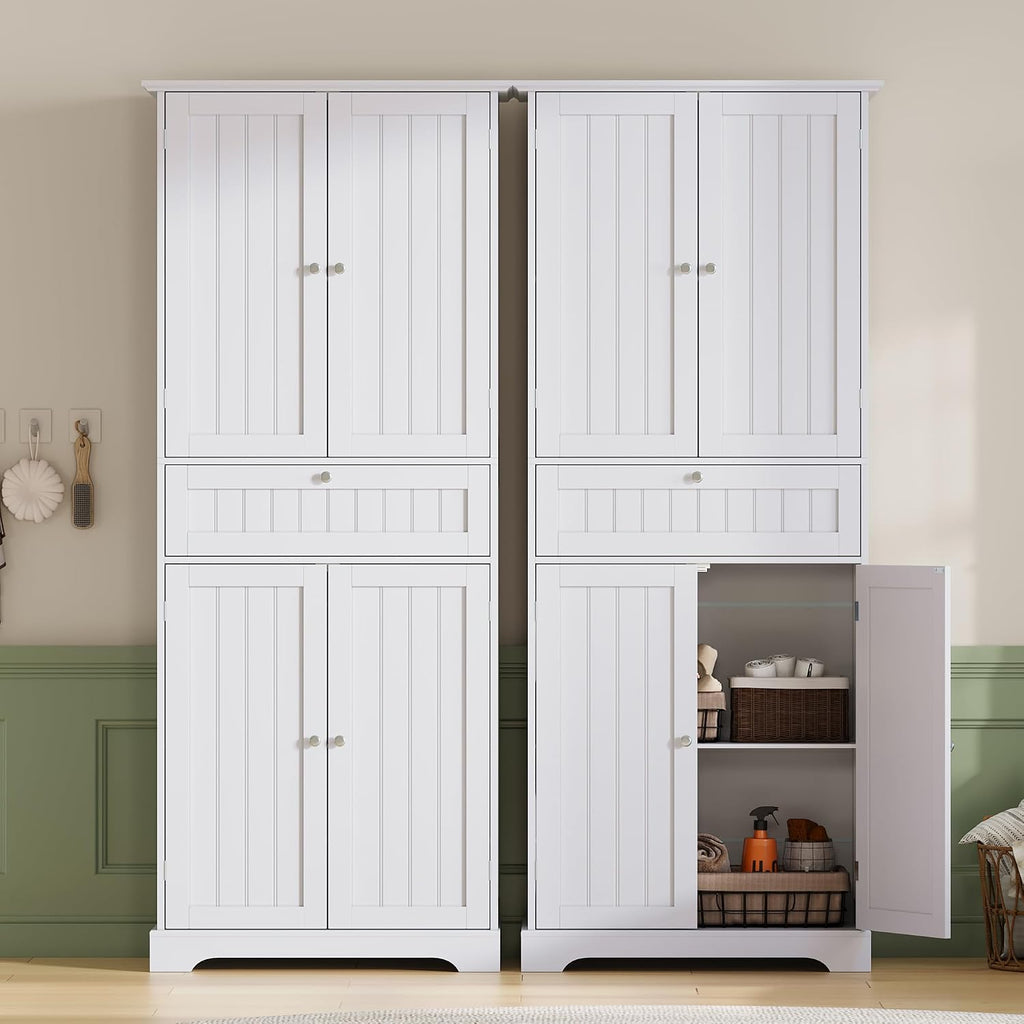 ChooChoo 72' H Tall Bathroom Floor Cabinet, Modern Bathroom Storage Cabinet with Drawer and Adjustable Shelves, Freestanding Kitchen Pantry Cupboard with 4 Doors for Living Room, White