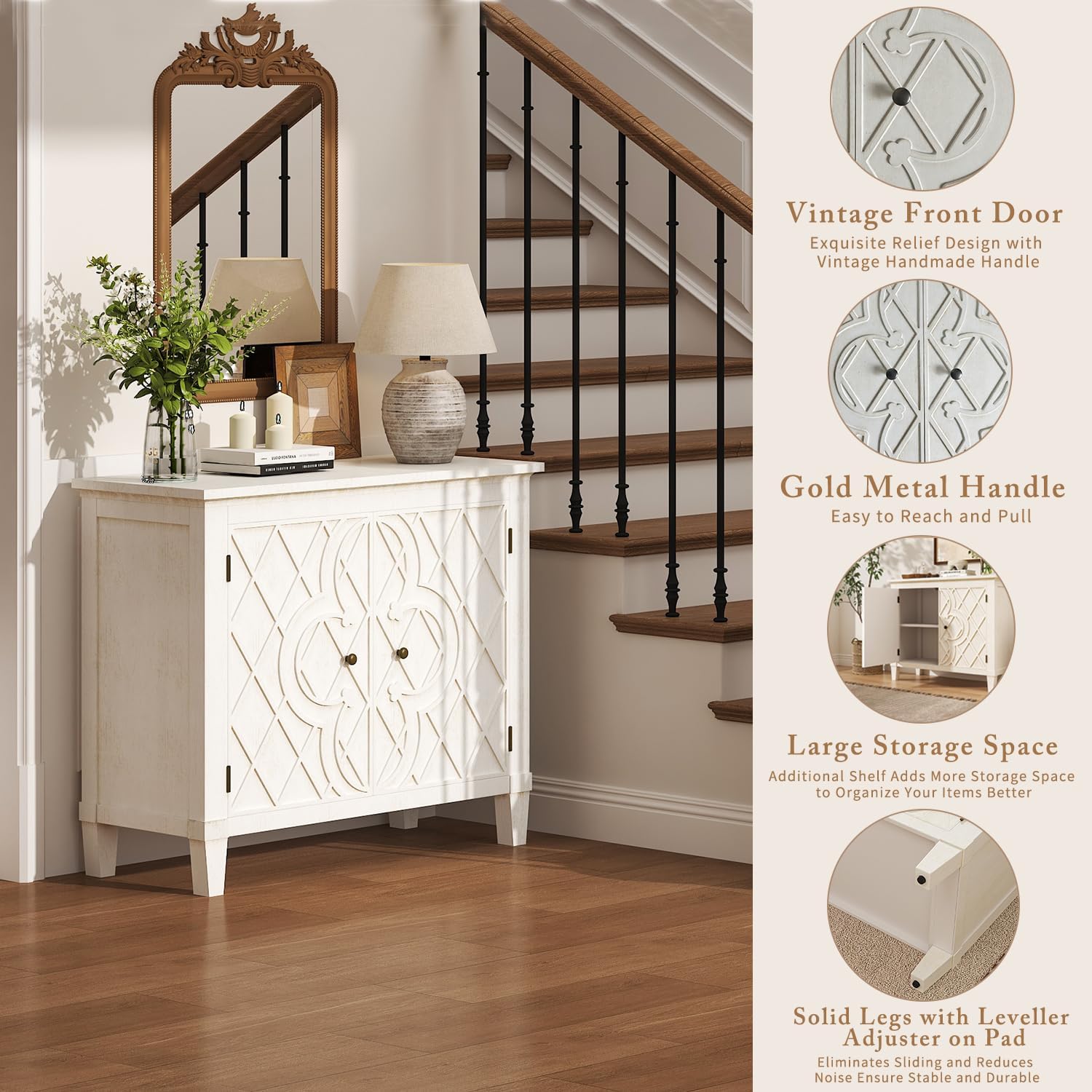 40' Coffee Bar Cabinet with Shelf, Craft Storage Cabinet with Doors, Wood Cabinet, Charming Carved Motif, Entry Way Cabinet with Storage, Sideboard Buffet for Living Room, Kitchen, Distressed White