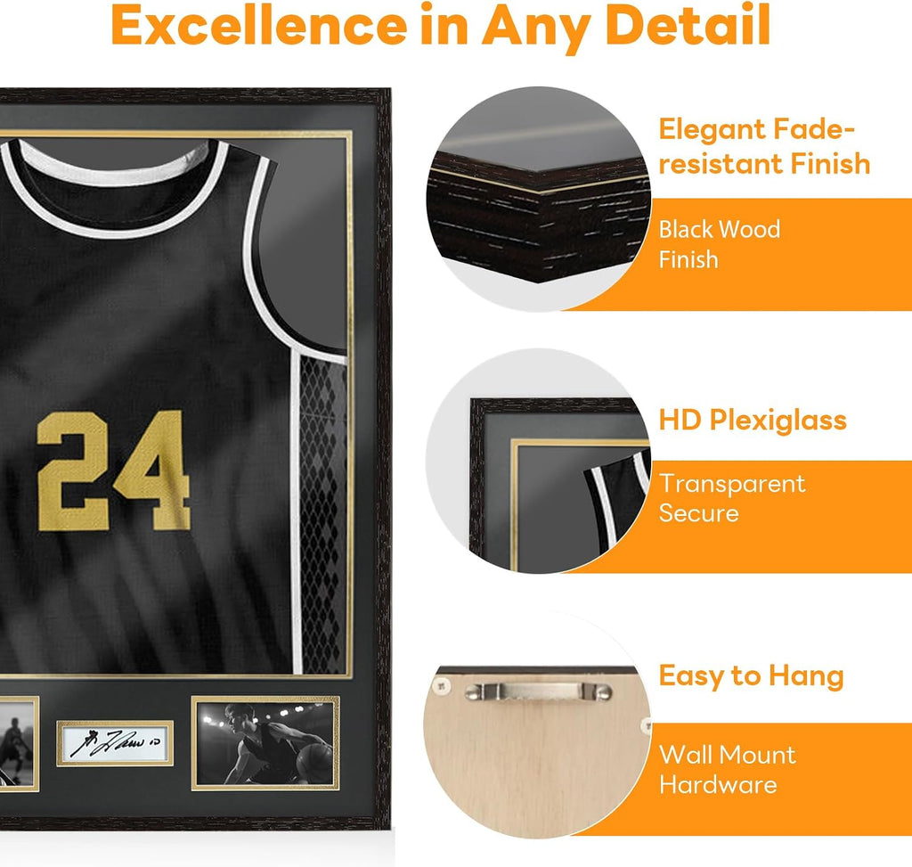 Jersey Frame Display Case 2 Pack, Large Sport Jersey Shadow Box with 98% UV Protection Acrylic,Two Photo Frame One Signature for Baseball Basketball Soccer Hockey Sport Shirt and Uniform,Black Walnut