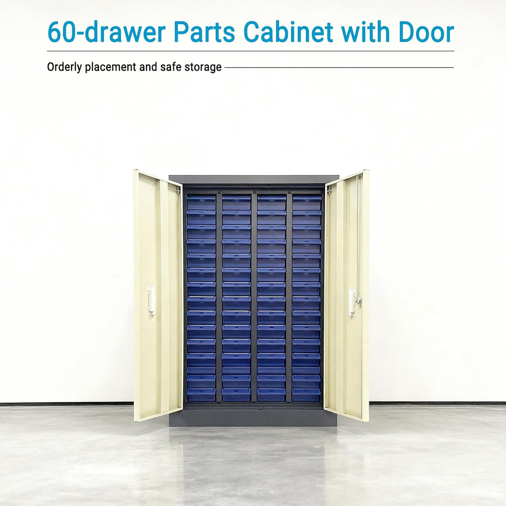 60 Drawer Parts Storage Cabinet | Cold-Rolled Steel Body, ABS/PS Drawers, Anti-Slip Design, Safety Lock, Dustproof Strips, for Small Parts, Hardware, Tools