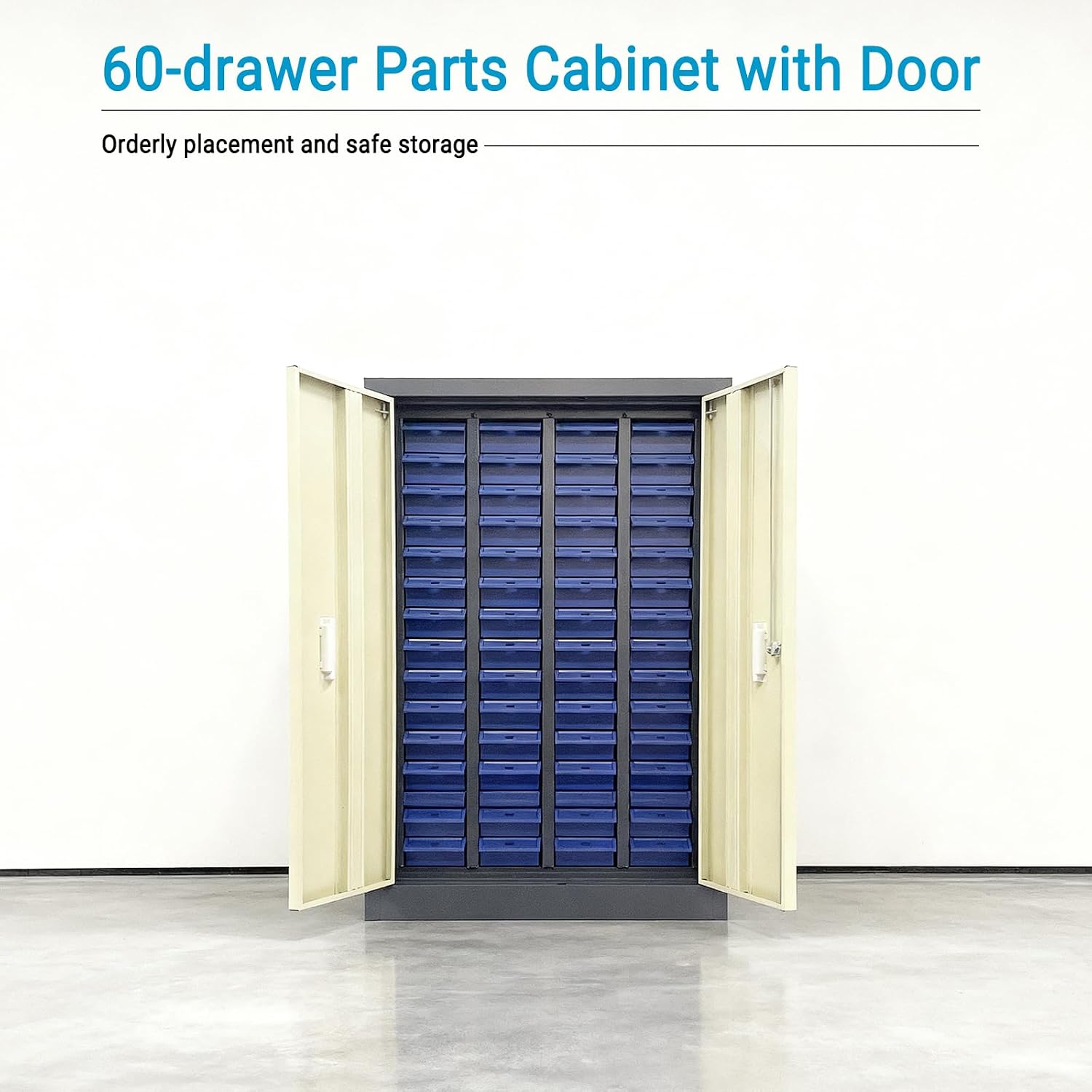 60 Drawer Parts Storage Cabinet | Cold-Rolled Steel Body, ABS/PS Drawers, Anti-Slip Design, Safety Lock, Dustproof Strips, for Small Parts, Hardware, Tools