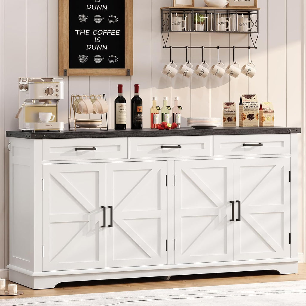 usikey 61' Large Sideboard Buffet Cabinet with 4 Doors and 3 Drawers, Farmhouse Buffet Table, Dining Room Storage Cabinet for Kitchen or Living Room, White