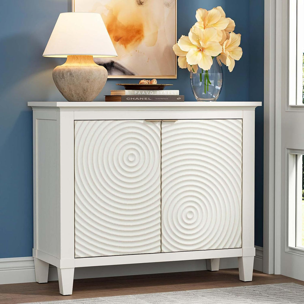 40' Coffee Bar Cabinet with Shelf, Craft Storage Cabinet with Doors, Wood Cabinet, Charming Carved Motif, Entry Way Cabinet with Storage, Sideboard Buffet for Living Room (Annual rings, White)