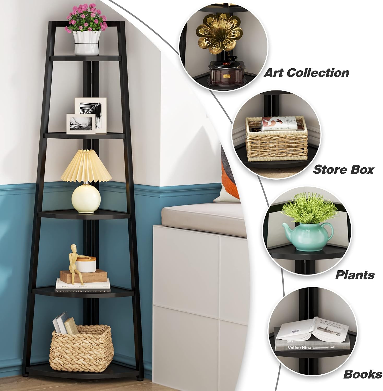 Tribesigns 5 Tier Corner Bookshelf and Bookcase, 70 inch Tall Corner Shelves Standing Shelving Unit Indoor Plant Stand for Living Room, Kitchen, Home Office (Black)