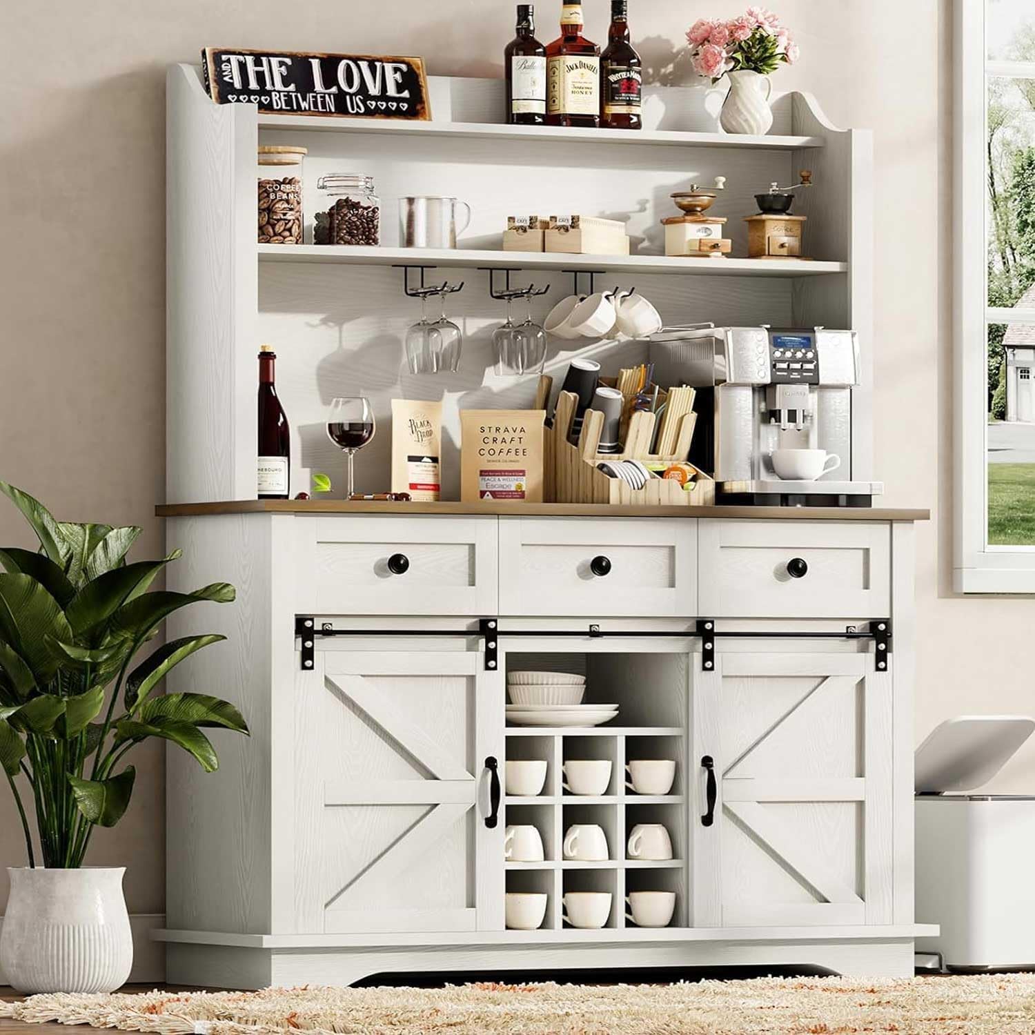 REVOMINCA 63 Inch Tall Coffee Bar Cabinet with 3-Tier, Kitchen Hutch with 3 Large Drawers, Farmhouse Coffee Bar with 9 Wine Racks & 3 Glass Holders, Wine Storage Cabinet for Living Dining Room, White