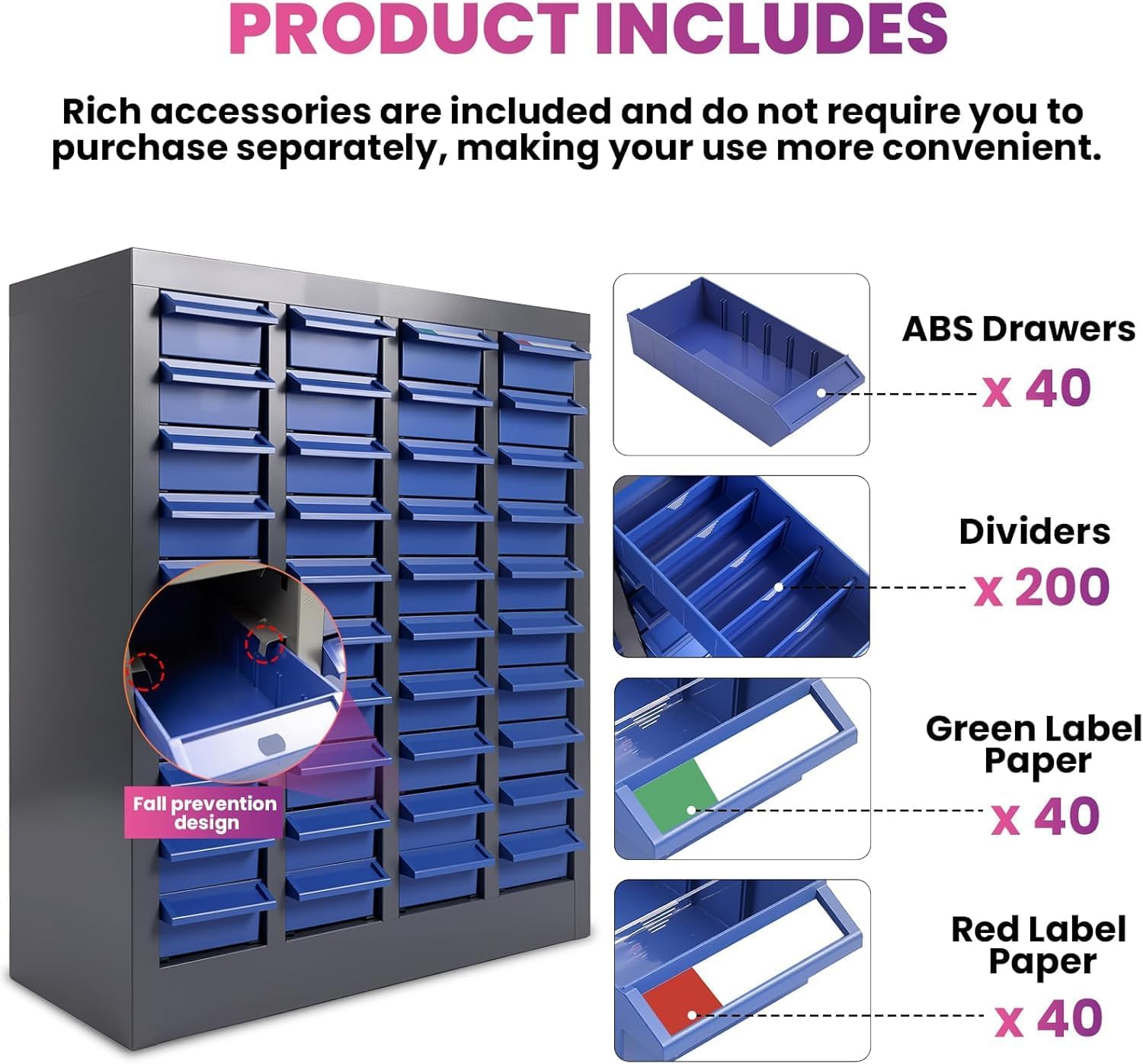 40 Drawers Industrial Nut and Bolt Organizer, Parts Cabinet with 200 Dividers & 80 Label Slots, ABS Drawers Multi-Use Bolt Bins Hardware Organizer System for Workshop, Warehouse and Office