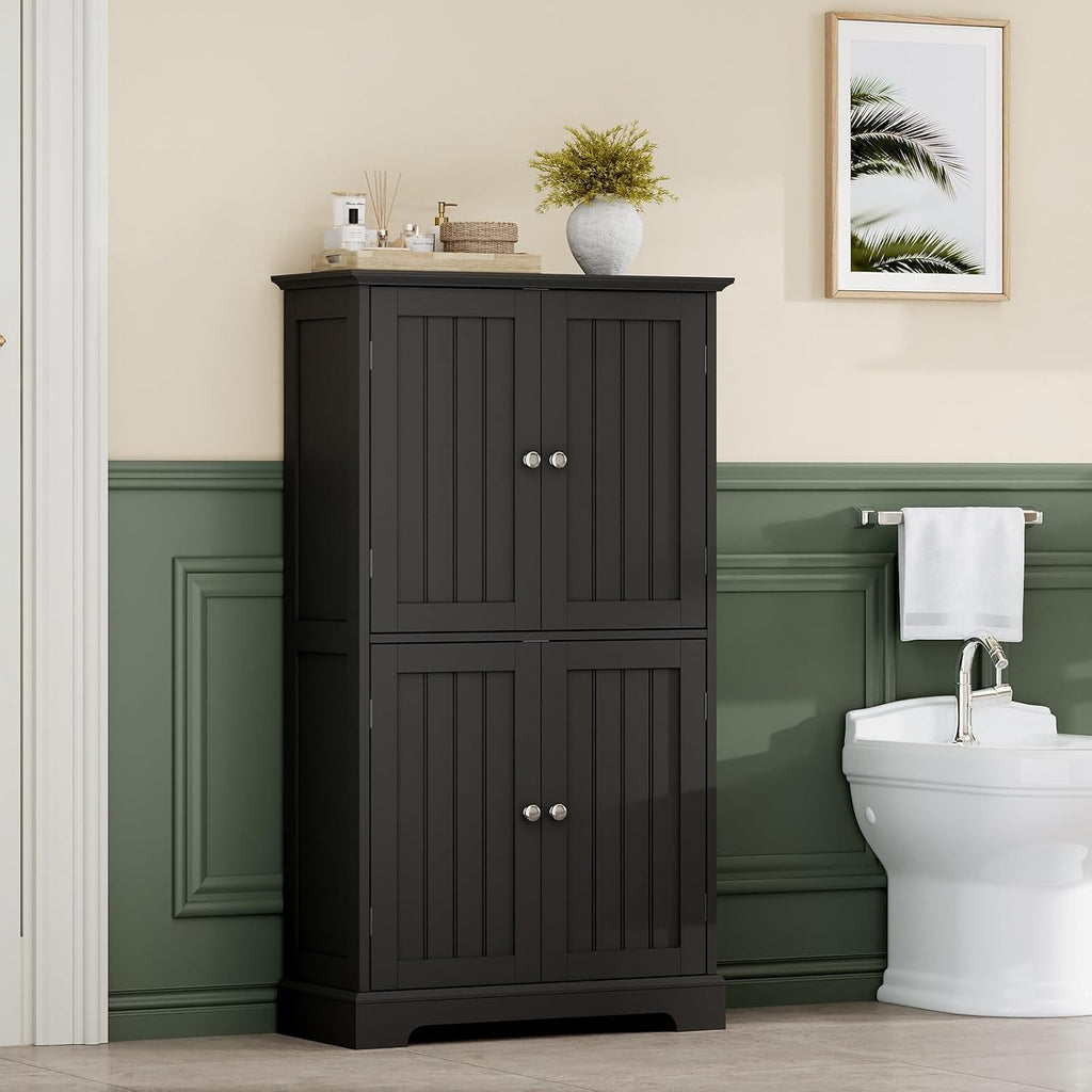 ChooChoo Bathroom Floor Cabinet, Modern Bathroom Storage Cabinet with 4 Doors and Adjustable Shelves, Freestanding Cupboard for Living Room, Kitchen Pantry, Black