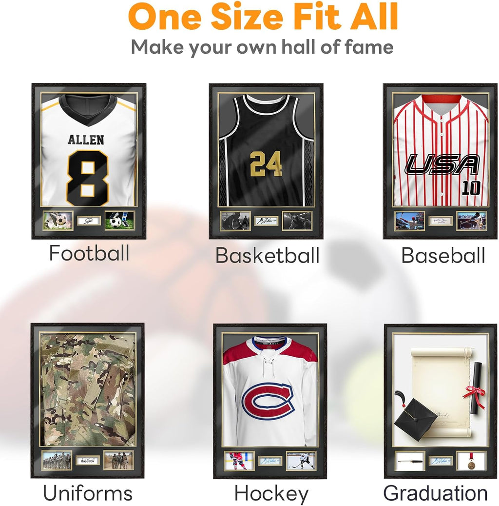 Jersey Frame Display Case 2 Pack, Large Sport Jersey Shadow Box with 98% UV Protection Acrylic,Two Photo Frame One Signature for Baseball Basketball Soccer Hockey Sport Shirt and Uniform,Black Walnut