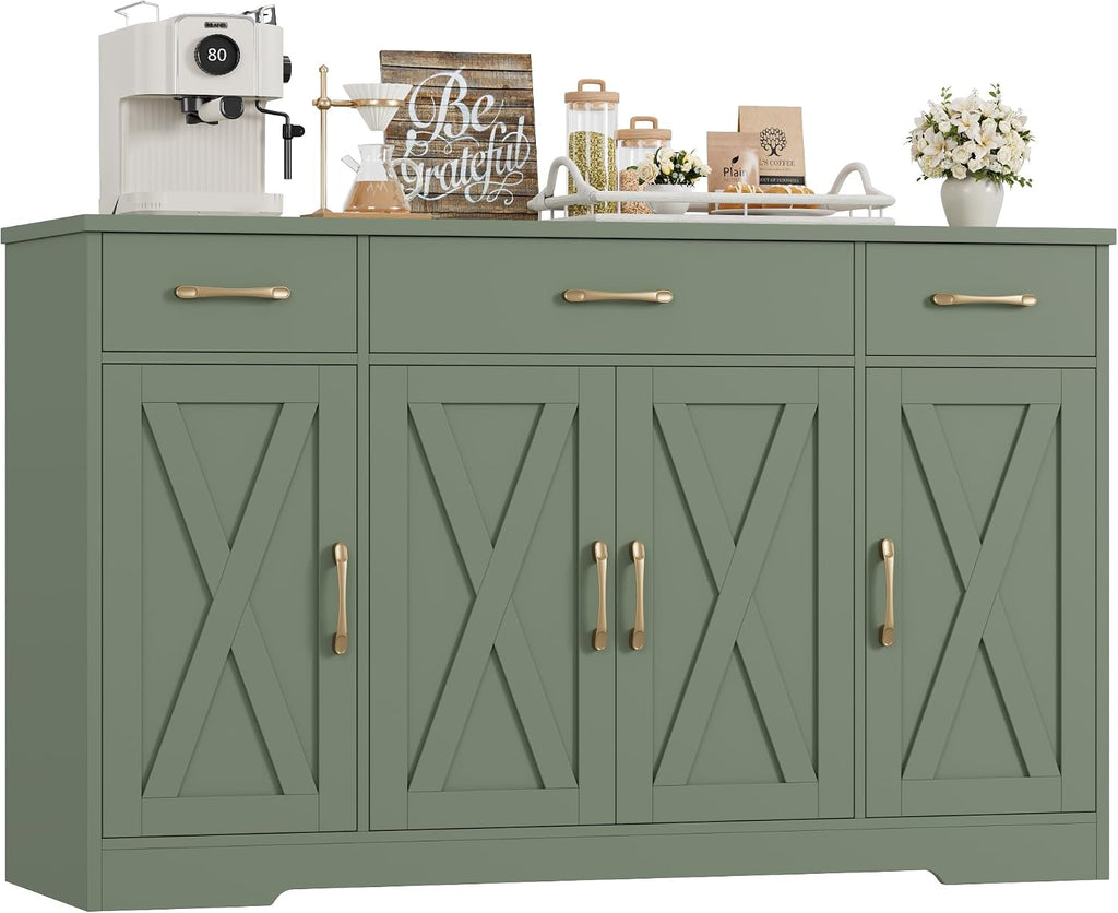 HOSTACK Buffet Sideboard Cabinet with Drawers, 55' Large Buffet Storage Cabinet with Shelves and Doors, Modern Farmhouse Coffee Bar Station for Kitchen, Dining Room, Green