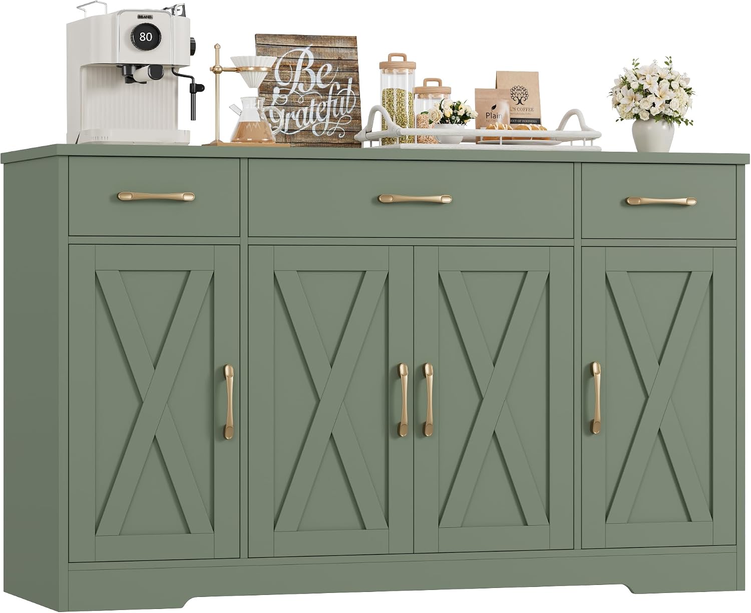 HOSTACK Buffet Sideboard Cabinet with Drawers, 55' Large Buffet Storage Cabinet with Shelves and Doors, Modern Farmhouse Coffee Bar Station for Kitchen, Dining Room, Green